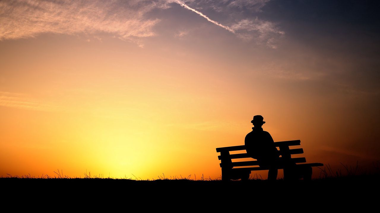 Wallpaper bench, sunset, people, solitude