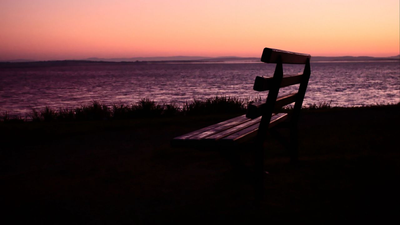 Wallpaper bench, sunset, sea, horizon, melancholy, loneliness