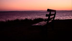 Preview wallpaper bench, sunset, sea, horizon, melancholy, loneliness