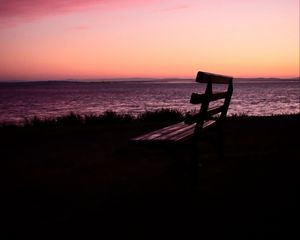 Preview wallpaper bench, sunset, sea, horizon, melancholy, loneliness