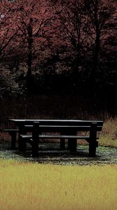 Preview wallpaper bench, table, wood, glade, autumn