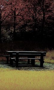 Preview wallpaper bench, table, wood, glade, autumn