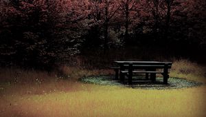 Preview wallpaper bench, table, wood, glade, autumn