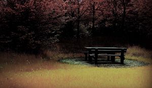 Preview wallpaper bench, table, wood, glade, autumn