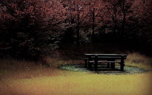 Preview wallpaper bench, table, wood, glade, autumn