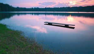 Preview wallpaper bench, water, lake, evening, decline, surface