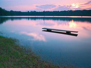 Preview wallpaper bench, water, lake, evening, decline, surface