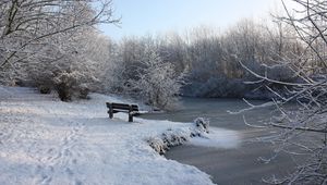 Preview wallpaper bench, winter, snow, traces, lake, ice, branches, hoarfrost