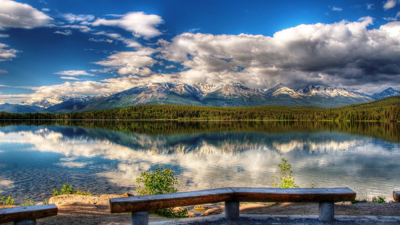 Wallpaper benches, coast, lake, landscape, mountains, picturesque, sky, clouds, reflection, clearly, day