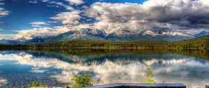 Preview wallpaper benches, coast, lake, landscape, mountains, picturesque, sky, clouds, reflection, clearly, day