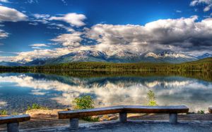 Preview wallpaper benches, coast, lake, landscape, mountains, picturesque, sky, clouds, reflection, clearly, day