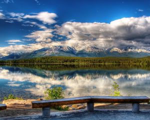 Preview wallpaper benches, coast, lake, landscape, mountains, picturesque, sky, clouds, reflection, clearly, day