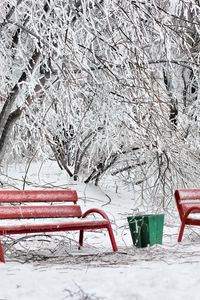 Preview wallpaper benches, winter, hoarfrost, snow, cold, ballot box, red