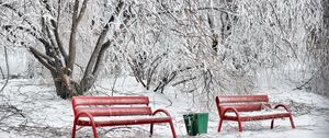 Preview wallpaper benches, winter, hoarfrost, snow, cold, ballot box, red