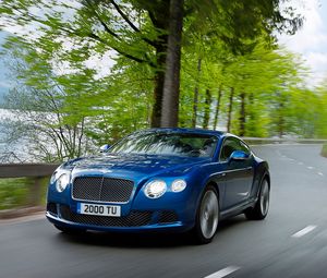 Preview wallpaper bentley, continental, gt, blue, side view, speed
