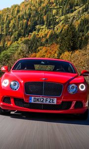 Preview wallpaper bentley, continental, gt, red, front view, movement, speed, road