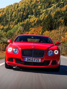 Preview wallpaper bentley, continental, gt, red, front view, movement, speed, road