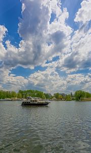 Preview wallpaper berlin, kopenick, river, boat, sky, clouds