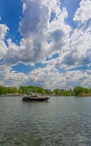 Preview wallpaper berlin, kopenick, river, boat, sky, clouds