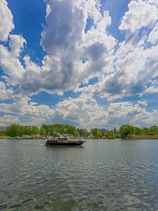 Preview wallpaper berlin, kopenick, river, boat, sky, clouds