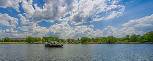 Preview wallpaper berlin, kopenick, river, boat, sky, clouds