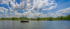 Preview wallpaper berlin, kopenick, river, boat, sky, clouds