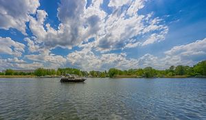 Preview wallpaper berlin, kopenick, river, boat, sky, clouds