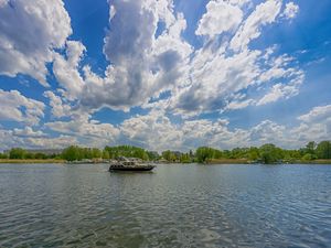 Preview wallpaper berlin, kopenick, river, boat, sky, clouds