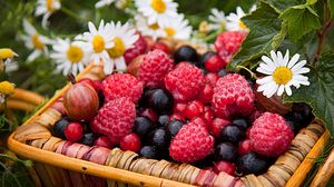 Preview wallpaper berries, raspberries, gooseberries, currants, chamomile, basket