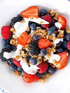 Preview wallpaper berries, strawberries, blueberries, raspberries, blackberries, dish, yogurt