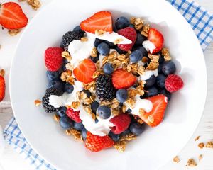 Preview wallpaper berries, strawberries, blueberries, raspberries, blackberries, dish, yogurt