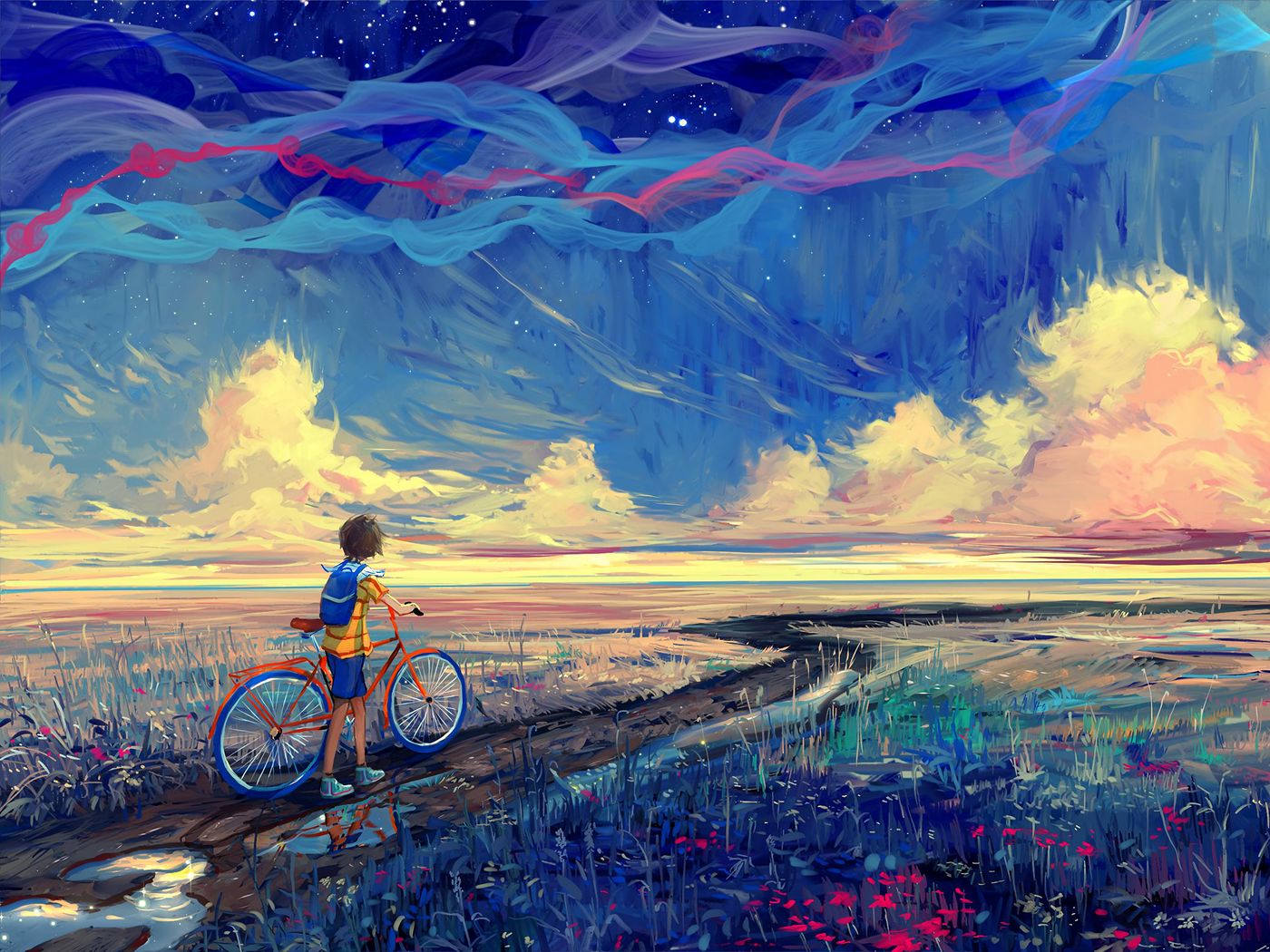 1400x1050 Wallpaper bicycle, art, cyclist, pathway