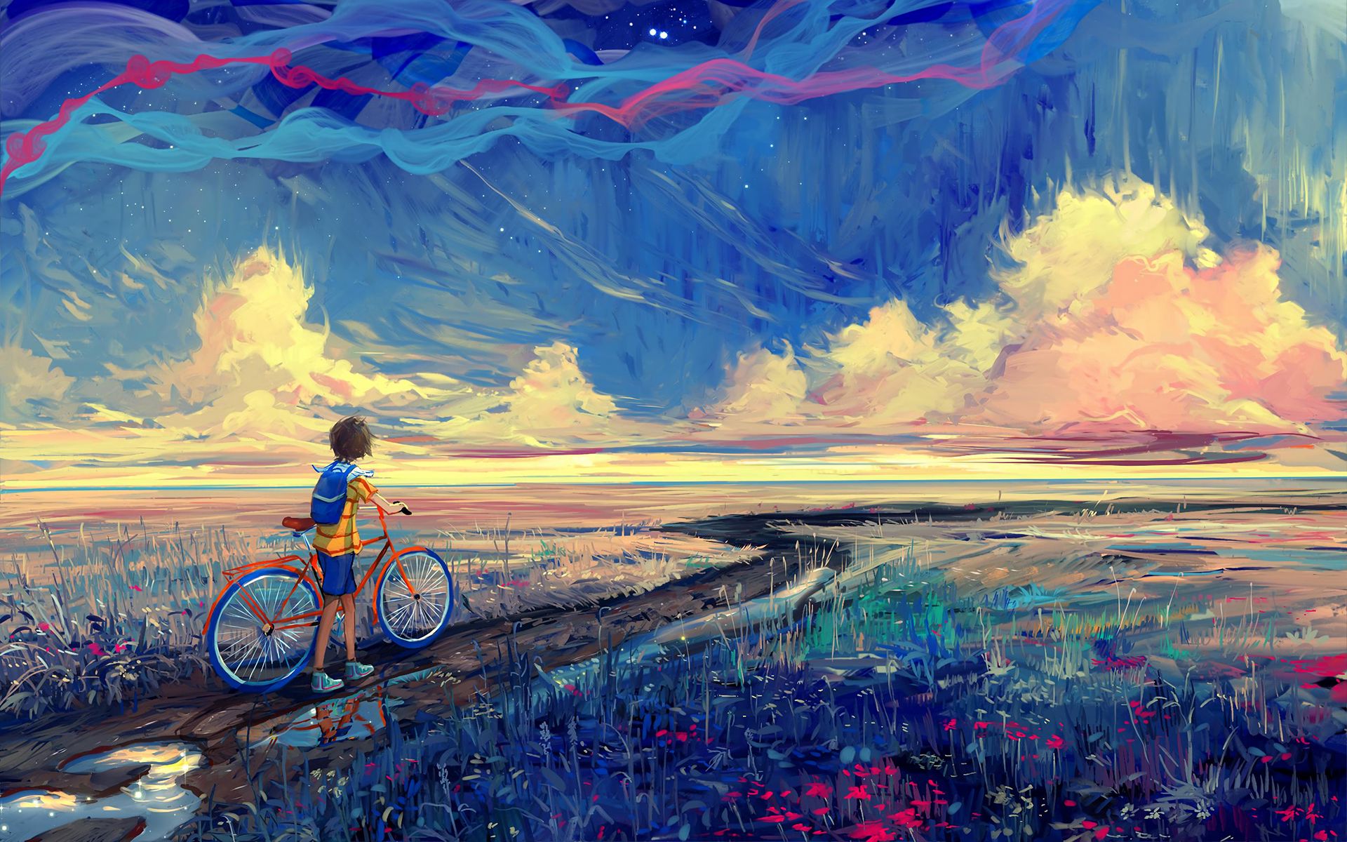1920x1200 Wallpaper bicycle, art, cyclist, pathway