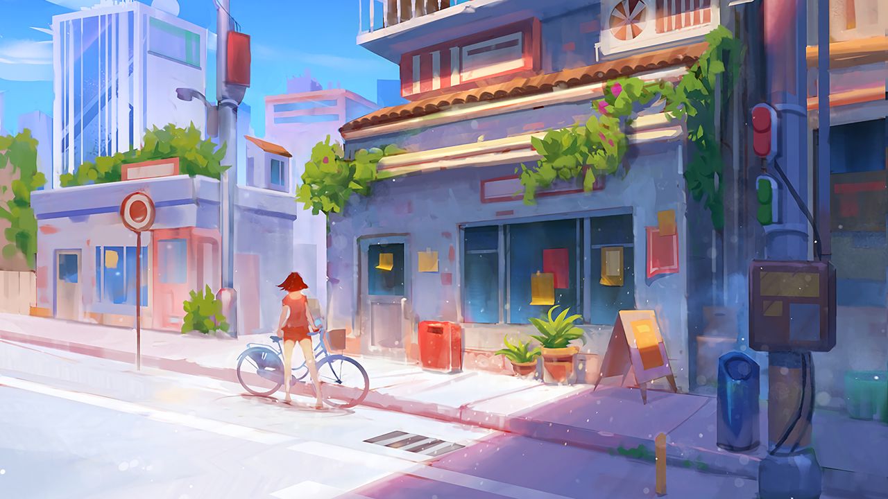 Wallpaper bicycle, art, girl, street, buildings, summer