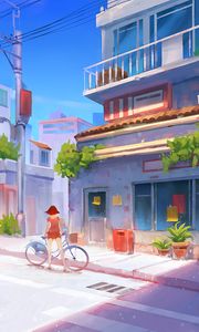 Preview wallpaper bicycle, art, girl, street, buildings, summer