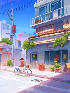 Preview wallpaper bicycle, art, girl, street, buildings, summer