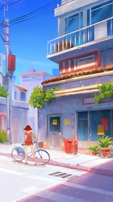 480x854 Wallpaper bicycle, art, girl, street, buildings, summer