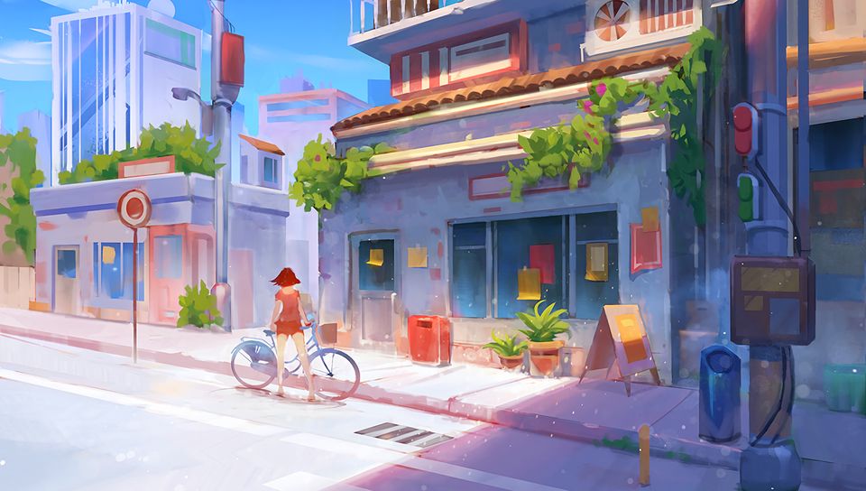 960x544 Wallpaper bicycle, art, girl, street, buildings, summer