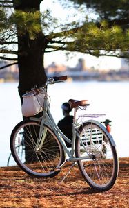 Preview wallpaper bicycle, autumn, trees, foliage, river