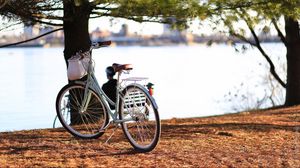 Preview wallpaper bicycle, autumn, trees, foliage, river