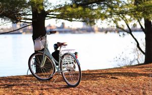 Preview wallpaper bicycle, autumn, trees, foliage, river