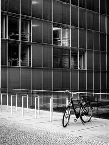 Preview wallpaper bicycle, building, windows, blinds, black and white