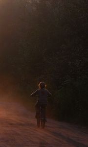 Preview wallpaper bicycle, child, little girl, riding, road, forest