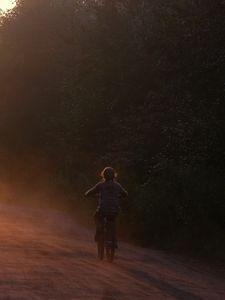 Preview wallpaper bicycle, child, little girl, riding, road, forest