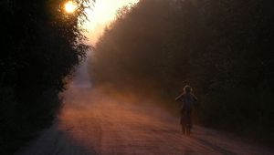 Preview wallpaper bicycle, child, little girl, riding, road, forest