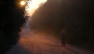 Preview wallpaper bicycle, child, little girl, riding, road, forest