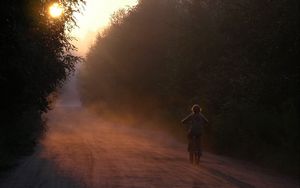 Preview wallpaper bicycle, child, little girl, riding, road, forest