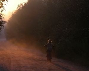 Preview wallpaper bicycle, child, little girl, riding, road, forest