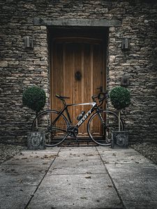 Preview wallpaper bicycle, door, plants, wall, stone