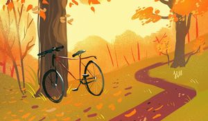 Preview wallpaper bicycle, forest, path, autumn, art
